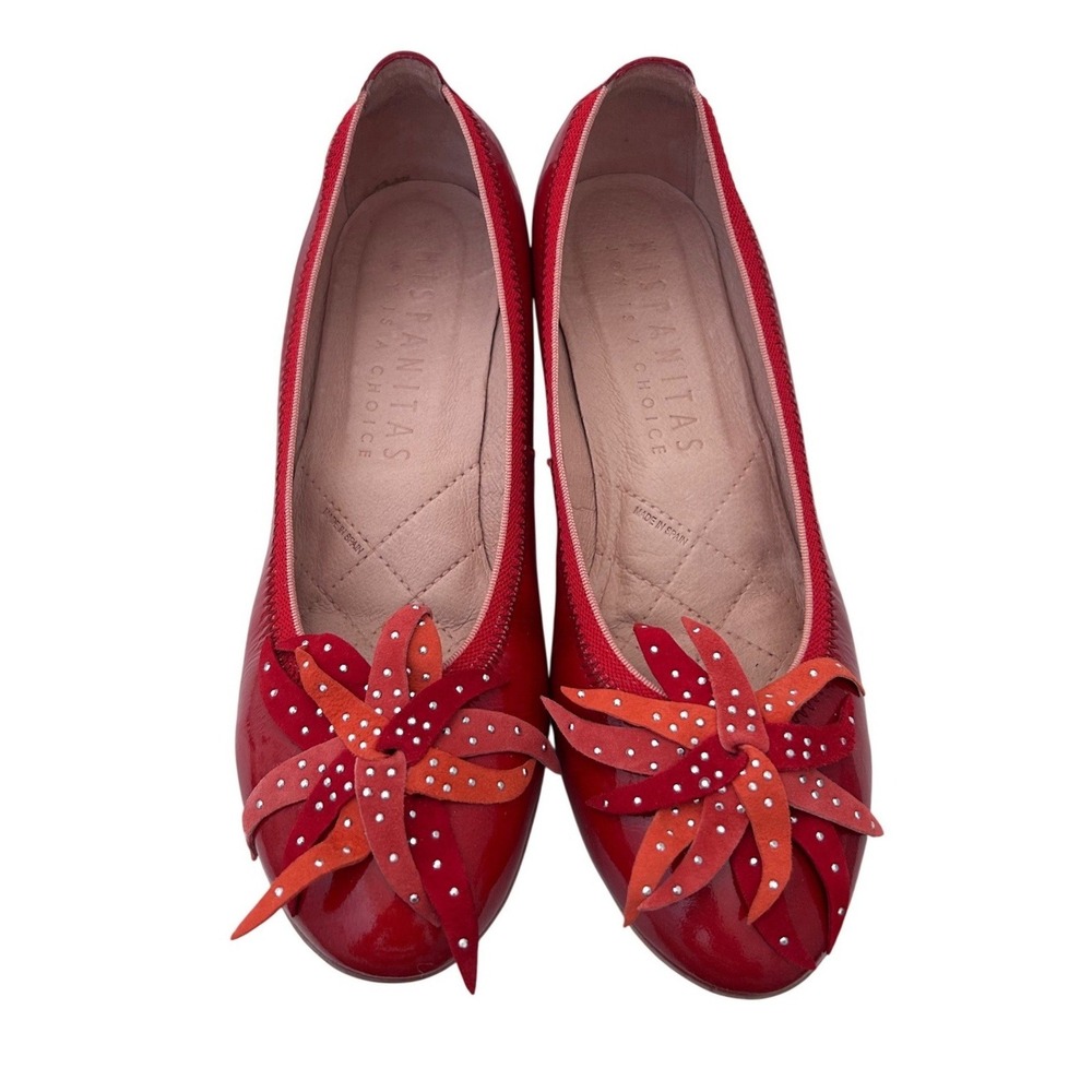 Hispanitas Red Patent Leather Low Block Heel Pumps Floral Size EU 36/US 5.5-6 - Picture 2 of 6